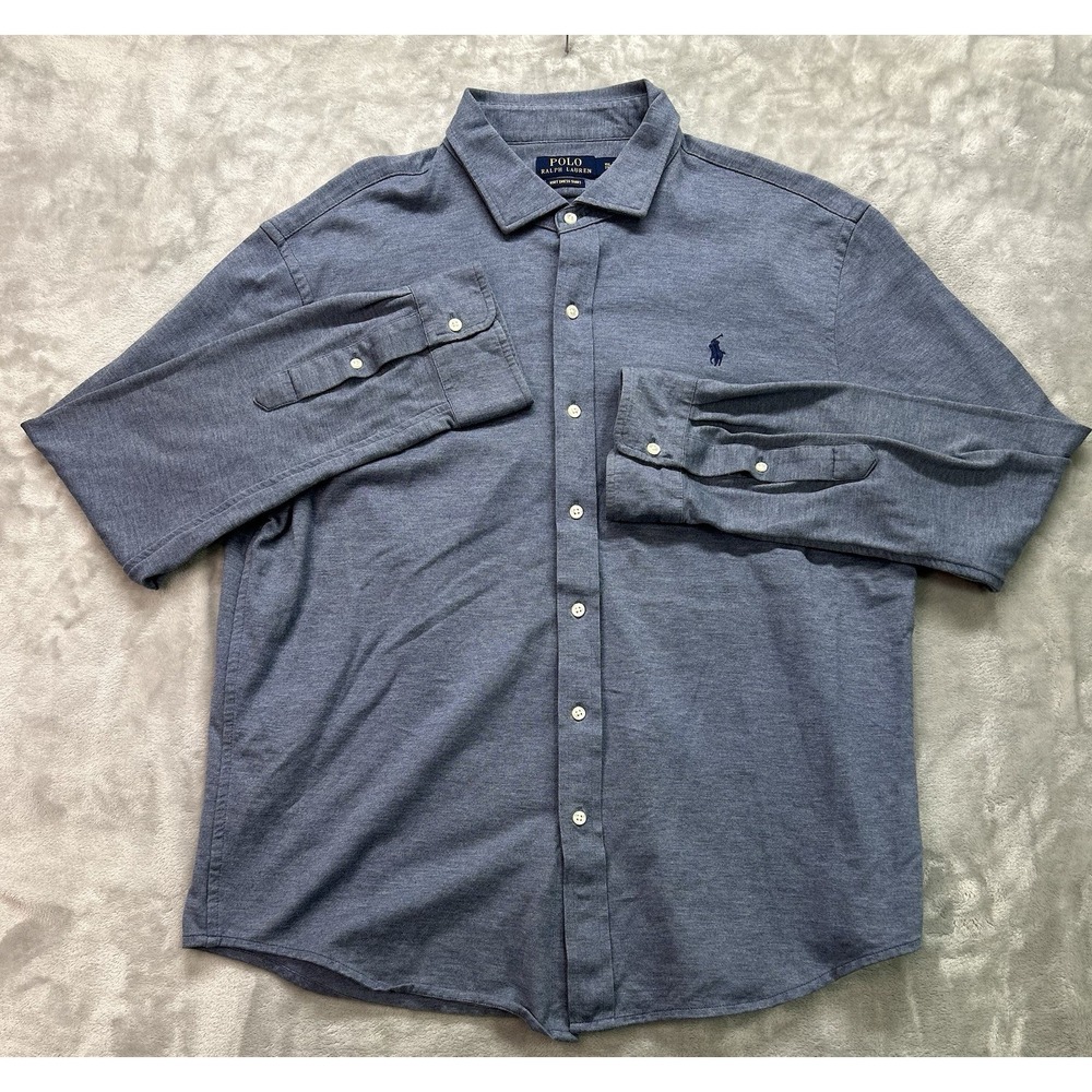 Polo Ralph Lauren Knit Dress Shirt Long Sleeve Button Mens 2XL/XXL Blue Cotton